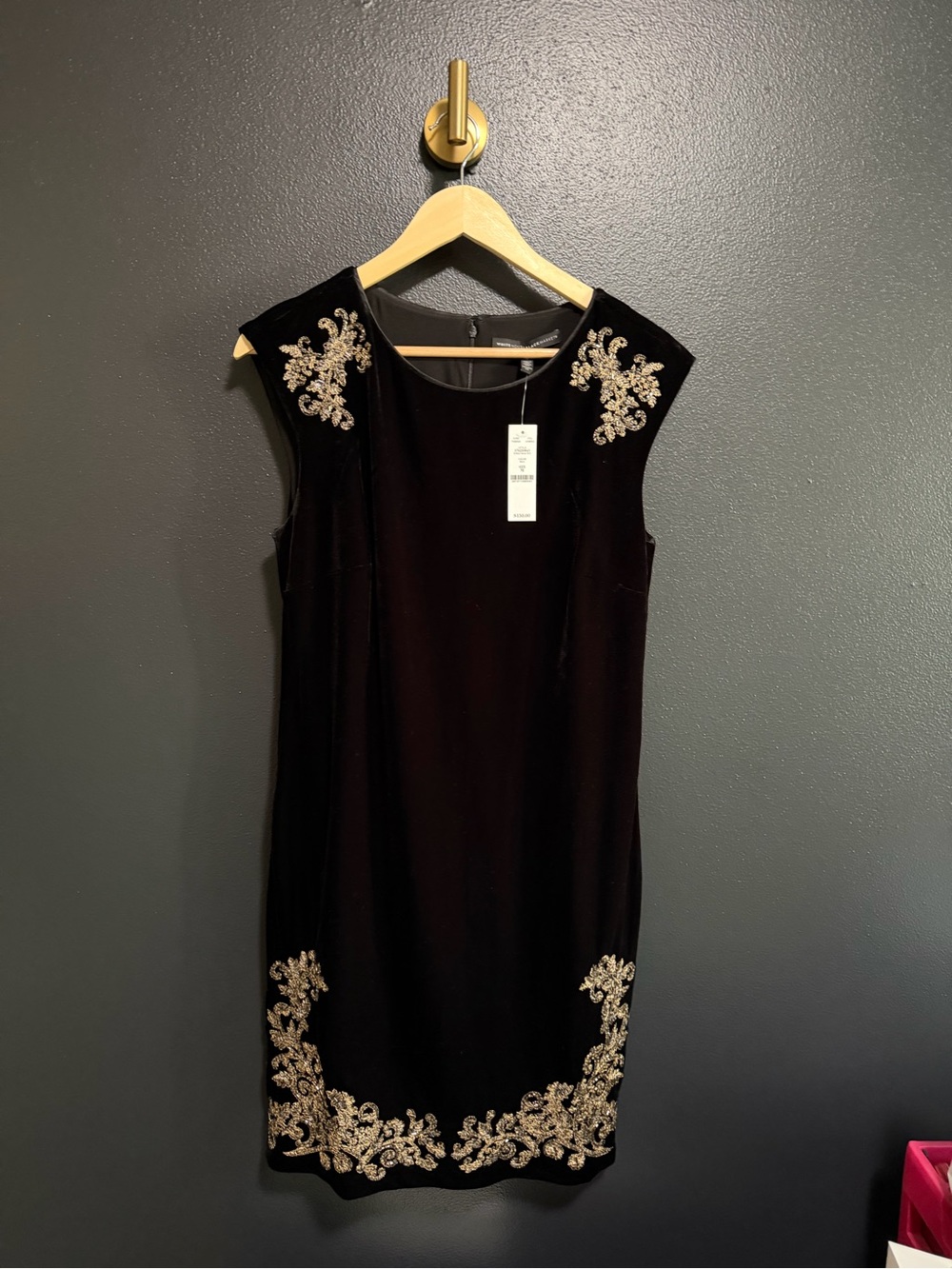 NWT White House Black Market Black Velvet Shift Dress Gold Bead Embroidery Small